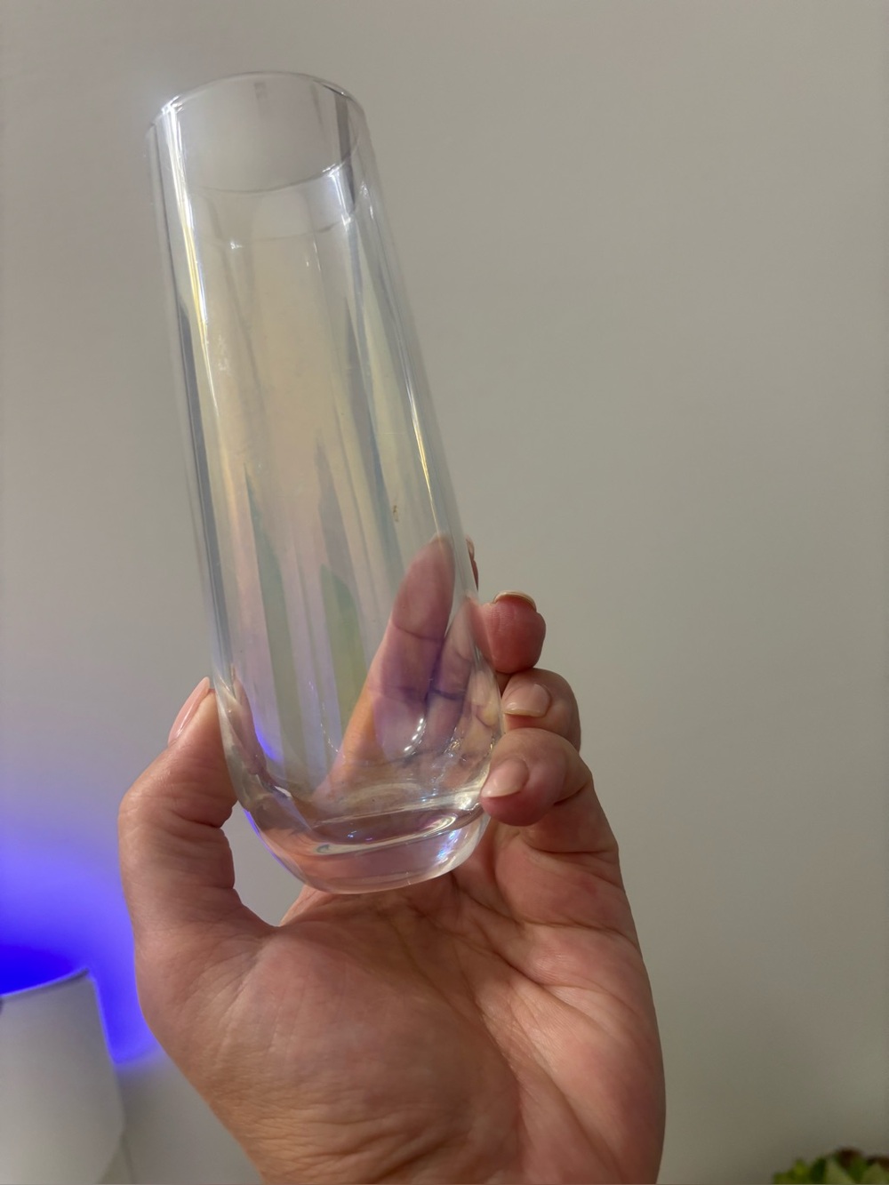4 champagne, three low ball iridescent glasses